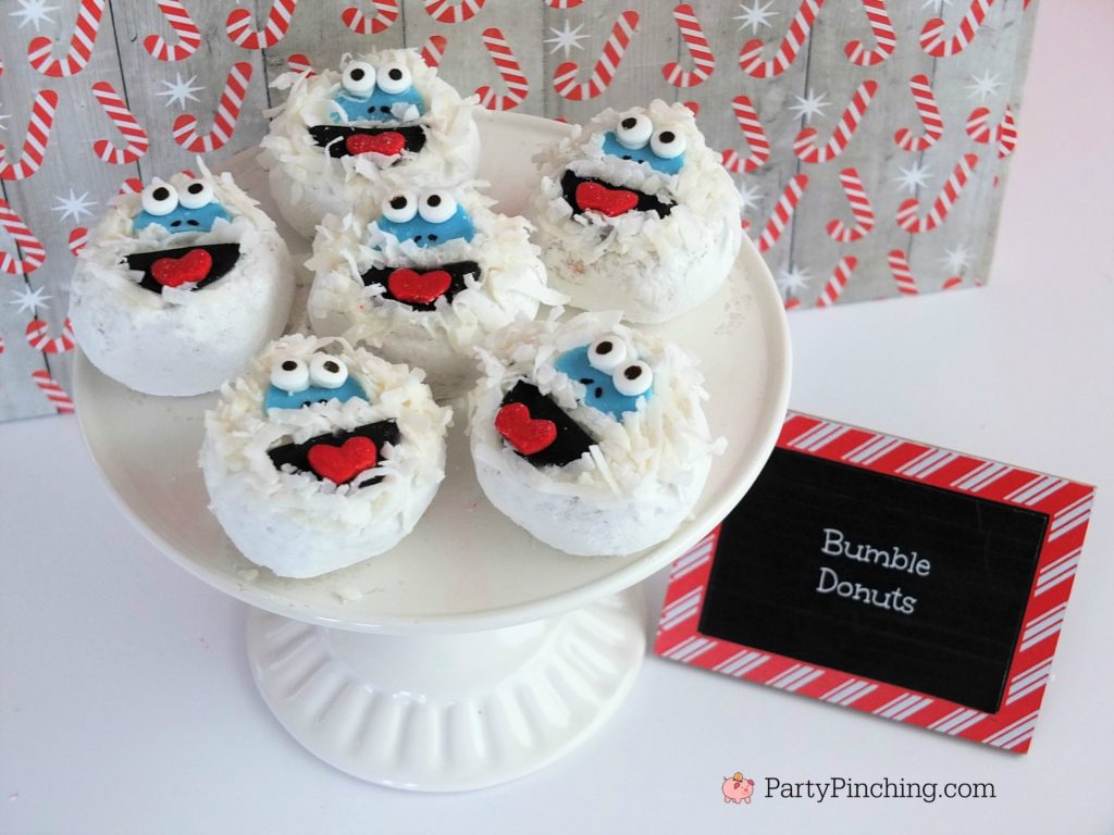 bumble abominable snowman donuts, Christmas movie marathon, Christmas movie night party ideas, Rudolph treats, Bumble Abominable snowman donuts, Charlie Brown Christmas movie party, Charlie Brownies, Snoopy snack mix, Frosty popcosrn, Frosty cheese snacks, Grinch party ideas, Buddy the Elf food, Elf beef and cheese, Elf Candy Cane Forest