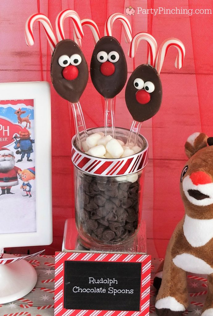 Rudloph chocolate spoons, reindeer spoons, Christmas movie marathon, Christmas movie night party ideas, Rudolph treats, Bumble Abominable snowman donuts, Charlie Brown Christmas movie party, Charlie Brownies, Snoopy snack mix, Frosty popcosrn, Frosty cheese snacks, Grinch party ideas, Buddy the Elf food, Elf beef and cheese, Elf Candy Cane Forest