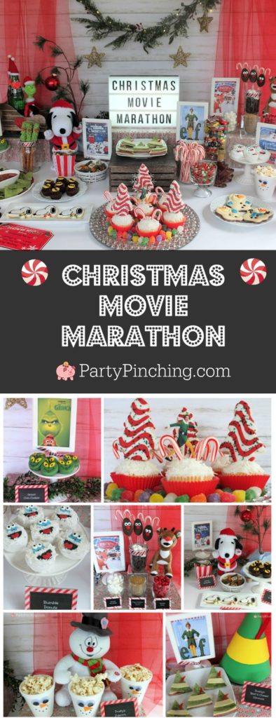 Christmas movie marathon, Christmas movie night party ideas, Rudolph treats, Bumble Abominable snowman donuts, Charlie Brown Christmas movie party, Charlie Brownies, Snoopy snack mix, Frosty popcosrn, Frosty cheese snacks, Grinch party ideas, Buddy the Elf food, Elf beef and cheese, Elf Candy Cane Forest