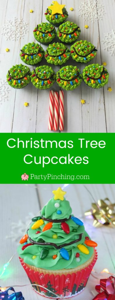 Christmas tree cupcakes, cute Christmas tree cupcakes with lights, string light Christmas cupcakes, easy cupcake decorating for Christmas, kids Christmas class party ideas, easy Christmas dessert, Christmas tree cupcake cake, pull apart Christmas tree cupcake cake