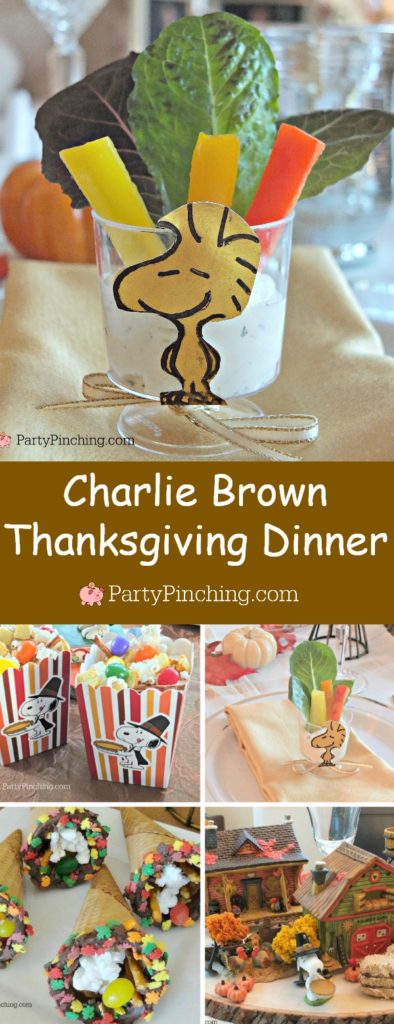 Charlie Brown Thanksgiving, Snoopy Thanksgiving, Woodstock salad appetizer Thanksgivivng table, Peanuts theme Thanksgiving dinner snack dessert ideas for kids adults, Snoopy popcorn jelly bean toast pretzel snack dinner Thanksgiving, Woodstock salad