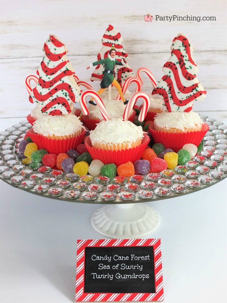 Buddy the Elf Candy Cane Forest Cupcakes Sea Swirly Twirly Gumdrops, Elf movie food treat snack ideas, Christmas holiday movie night party ideas, Christmas movie for kids food party ideas, fun food for kids, sweet treats, Christmas cupcakes, Little Debbie Christmas tree cakes, candy cane dessert cupcake ideas, coconut cupcakes for Christmas