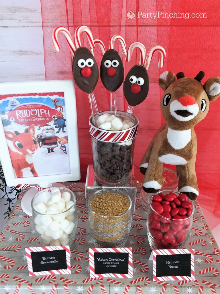 Rudolph the red-nosed reindeer chocolate spoons, Christmas movie snack ideas, Rudolph reindeer hot chocolate cocoa spoons, cute hot cocoa chocolate spoons, candy cane spoons, Christmas party ideas, holiday Christmas spoons for gift giving, Christmas reindeer food snack treat for kids