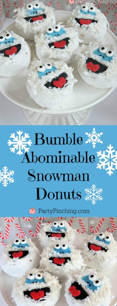 Bumble Abominable the Snowman donuts, cute bumble abominable the snowman, Rudolph the red nosed reindeer donuts, Rudolph movie night food snack treat ideas, Rudolph reindeer hot chocolate cocoa bar, fun food ideas for kids Christmas parties, bumbles bounce, Yukon cornelious.