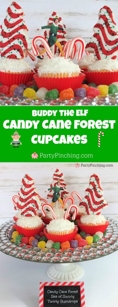 Buddy the Elf Candy Cane Forest Cupcakes Sea Swirly Twirly Gumdrops, Elf movie food treat snack ideas, Christmas holiday movie night party ideas, Christmas movie for kids food party ideas, fun food for kids, sweet treats, Christmas cupcakes, Little Debbie Christmas tree cakes, candy cane dessert cupcake ideas, coconut cupcakes for Christmas