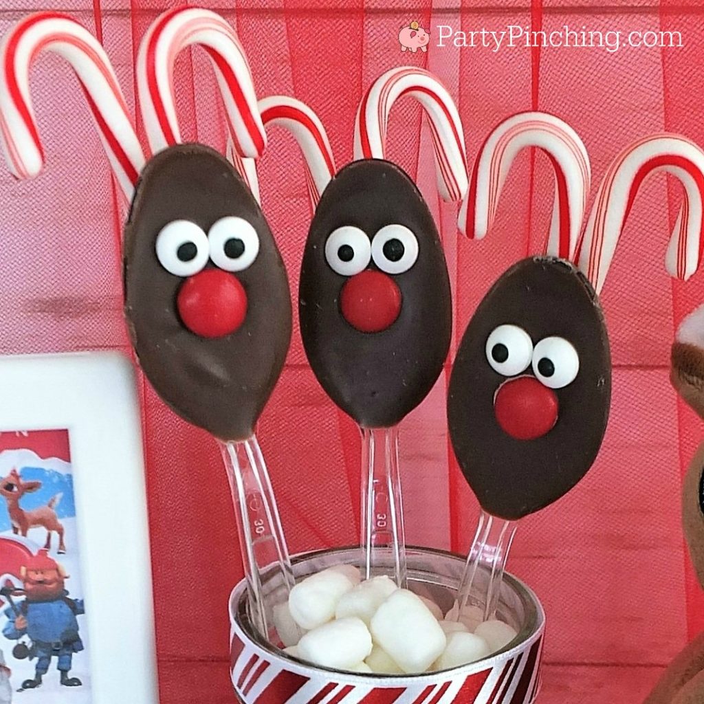 Rudolph the red-nosed reindeer chocolate spoons, Christmas movie snack ideas, Rudolph reindeer hot chocolate cocoa spoons, cute hot cocoa chocolate spoons, candy cane spoons, Christmas party ideas, holiday Christmas spoons for gift giving, Christmas reindeer food snack treat for kids
