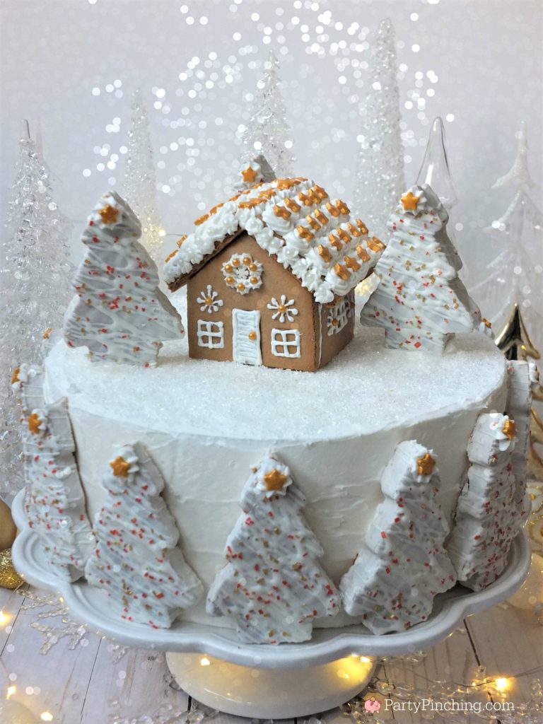 winter wonderland holiday spice cake, beautiful elegant Christmas cake, show stopping centerpiece cake for Christmas party, gingerbread house Christmas cake, mini gingerbread house Little Debbie winter tree cake, winter tree cake, snow scene cake, winter snowy cake, sparkling snow cake, white and gold cake, easy simple to make cake fast to create