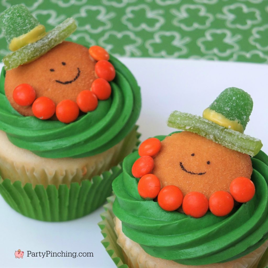 Leprechaun Cookie Cupcakes, green st. Patrick's Day food, best St. Patrick's day party food recipe ideas, candy leprechauns, cute st. paddy's day dessert