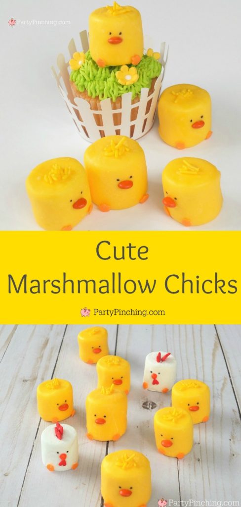 Cute marshmallow chicks for Easter, chick marshmallow pops, chicken cupcake toppers, rooster marshmallow, barnyard farm party theme idea, best Easter dessert recipes.