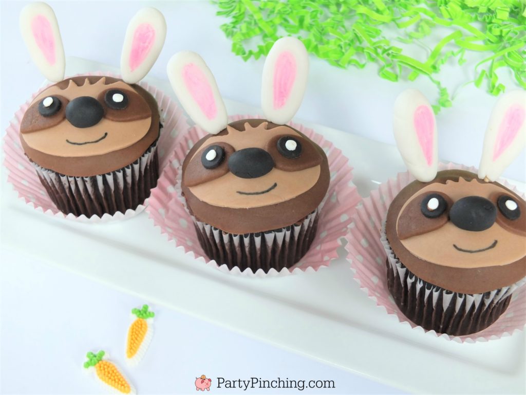 sloth bunny cupcakes for Easter, cute adorable sloth cupcakes, sloth with bunny ears, easy Easter cupcake recipe, best sloth cupcake recipe, fondant sloth cupcakes, fun food for kids, sweet treats