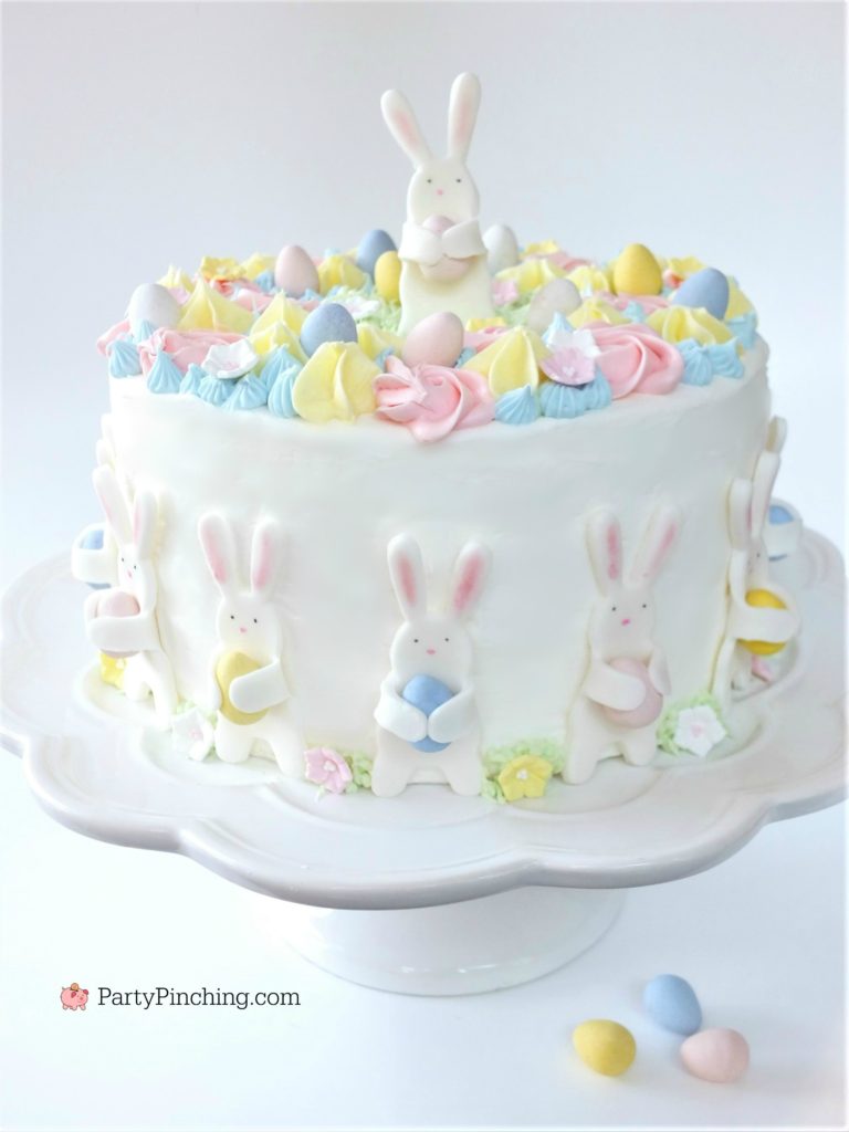 Easter Bunny Egg Hunt Cake, cute pastel Easter Cake, beautiful adorable pretty Easter cake, fondant bunny cake, Bunnies holding eggs, pastel Spring flower cake, Best Easter cake recipe