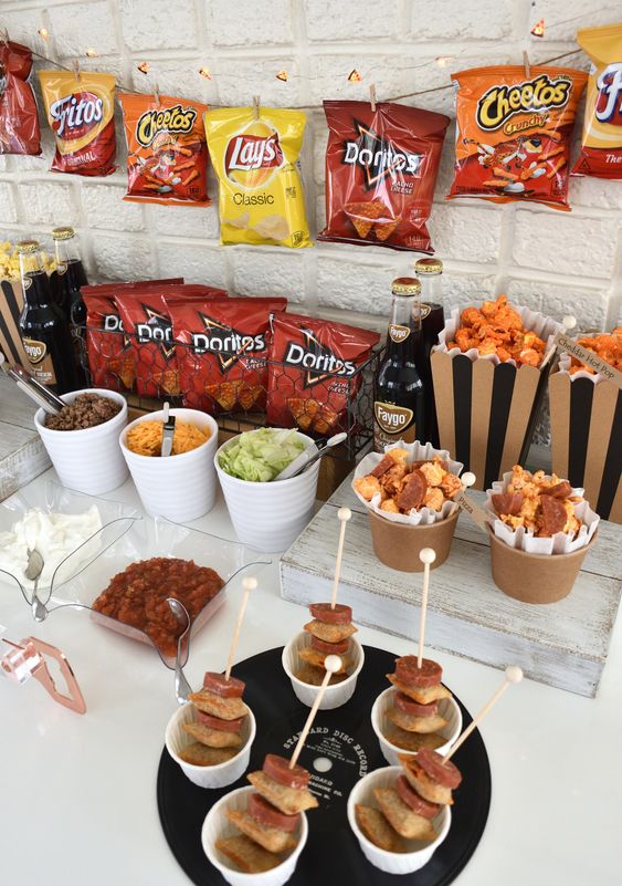 walking taco bar, Graduation Marquee Cake, Best Graduation Party Food Ideas, food grad guests will love, fun easy graduate party food buffets, grad food drink bars, best graduation cakes cupcakes desserts cookies, fun graduation open house food, inexpensive cheap grad party ideas for teens, partypinching.com