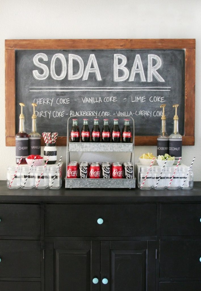 soda bar, Graduation Marquee Cake, Best Graduation Party Food Ideas, food grad guests will love, fun easy graduate party food buffets, grad food drink bars, best graduation cakes cupcakes desserts cookies, fun graduation open house food, inexpensive cheap grad party ideas for teens, partypinching.com