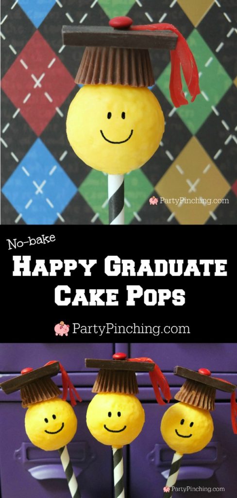 Happy Graduate Cake pops, no bake cake pops, smiley face graduation cake, graduation cap candy pops, easy graduation open house food dessert ideas, partypinching.com