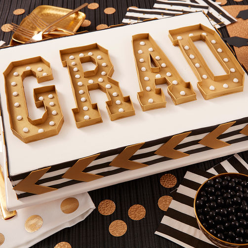 Graduation Marquee Cake, Best Graduation Party Food Ideas, food grad guests will love, fun easy graduate party food buffets, grad food drink bars, best graduation cakes cupcakes desserts cookies, fun graduation open house food, inexpensive cheap grad party ideas for teens, partypinching.com