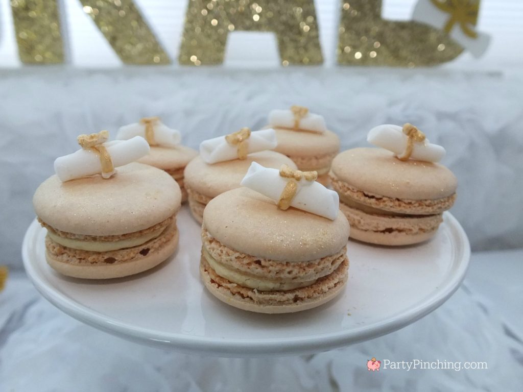 easy Diploma graduation macarons,  DIY Glitter Gold & White Glam Graduation Party, best graduation party ideas for girls daughter, sweet grad party ideas, best graduation open house ideas