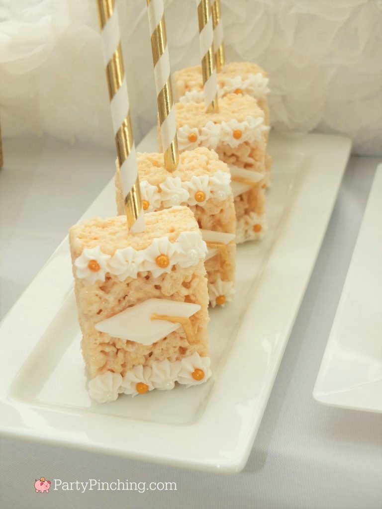 easy graduation rice krispie treats pops, DIY Glitter Gold & White Glam Graduation Party, best graduation party ideas for girls daughter, sweet grad party ideas, best graduation open house ideas