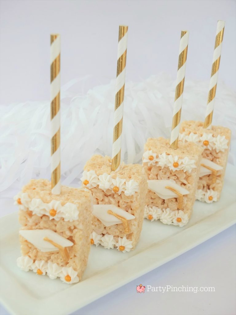 easy graduation rice krispie treats pops, DIY Glitter Gold & White Glam Graduation Party, best graduation party ideas for girls daughter, sweet grad party ideas, best graduation open house ideas