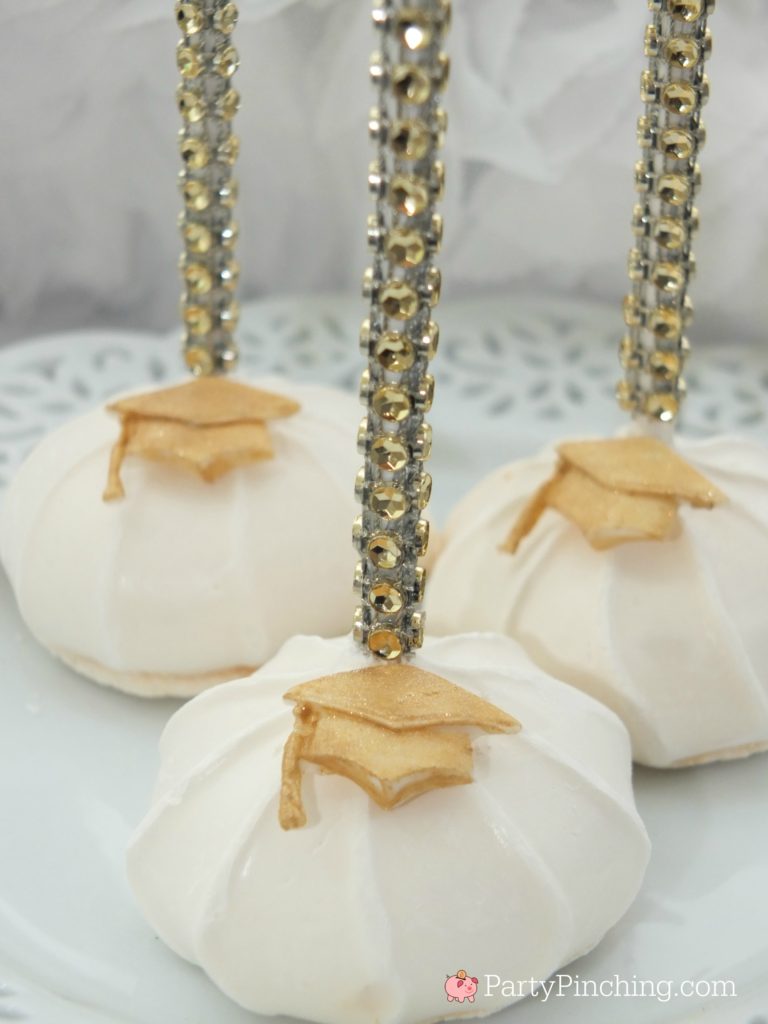 graduation meringue cookie pops, DIY Glitter Gold & White Glam Graduation Party, best graduation party ideas for girls daughter, sweet grad party ideas, best graduation open house ideas