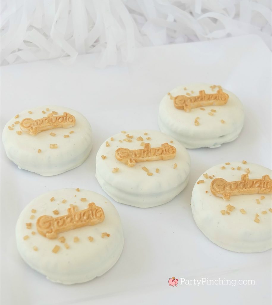 easy graduation Oreos,  DIY Glitter Gold & White Glam Graduation Party, best graduation party ideas for girls daughter, sweet grad party ideas, best graduation open house ideas