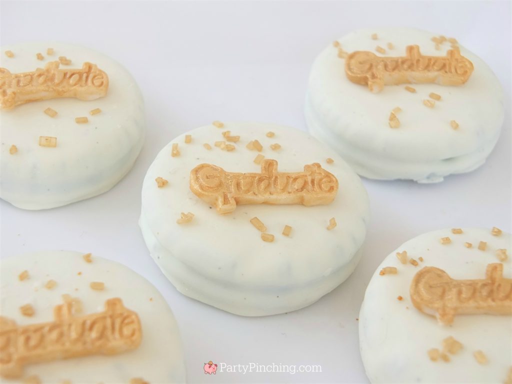 easy graduation Oreo cookies, DIY Glitter Gold & White Glam Graduation Party, best graduation party ideas for girls daughter, sweet grad party ideas, best graduation open house ideas