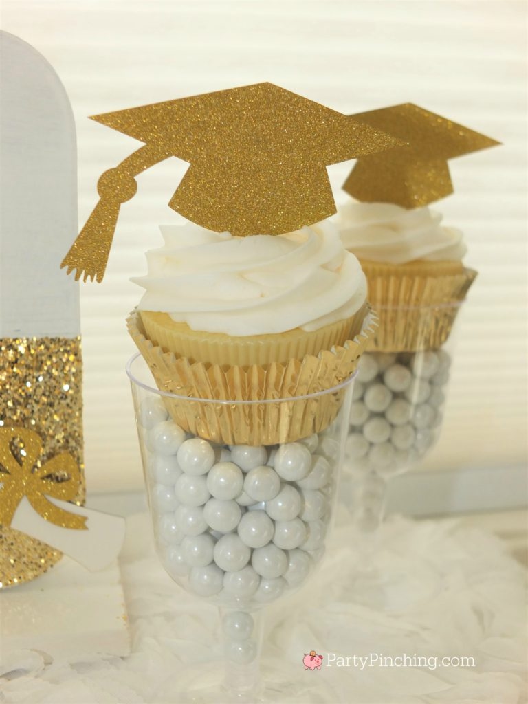 graduation hat cupcake gold glitter in champange glass, DIY Glitter Gold & White Glam Graduation Party, best graduation party ideas for girls daughter, sweet grad party ideas, best graduation open house ideas