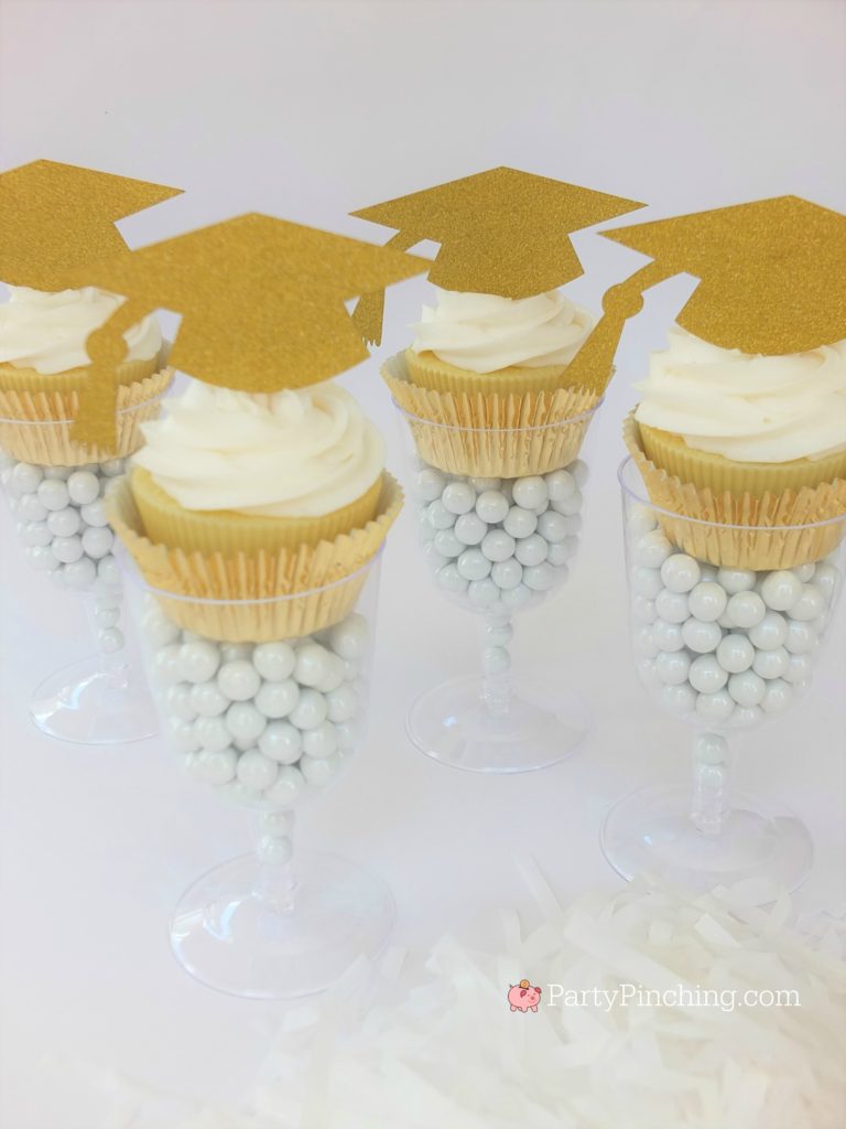 graduation hat cupcake gold glitter in champange glass, DIY Glitter Gold & White Glam Graduation Party, best graduation party ideas for girls daughter, sweet grad party ideas, best graduation open house ideas