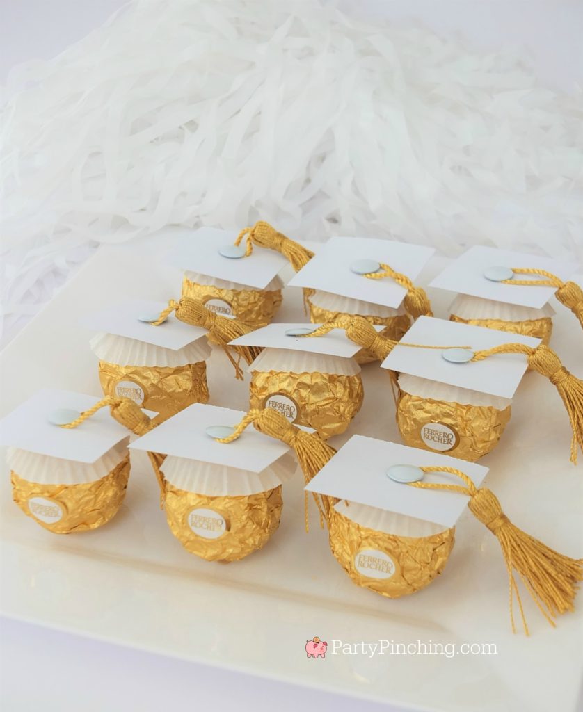 white Ferrero Roche graduation caps, DIY Glitter Gold & White Glam Graduation Party, best graduation party ideas for girls daughter, sweet grad party ideas, best graduation open house ideas