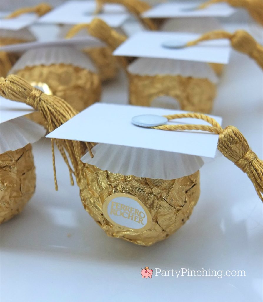 white Ferrero Roche graduation caps, DIY Glitter Gold & White Glam Graduation Party, best graduation party ideas for girls daughter, sweet grad party ideas, best graduation open house ideas