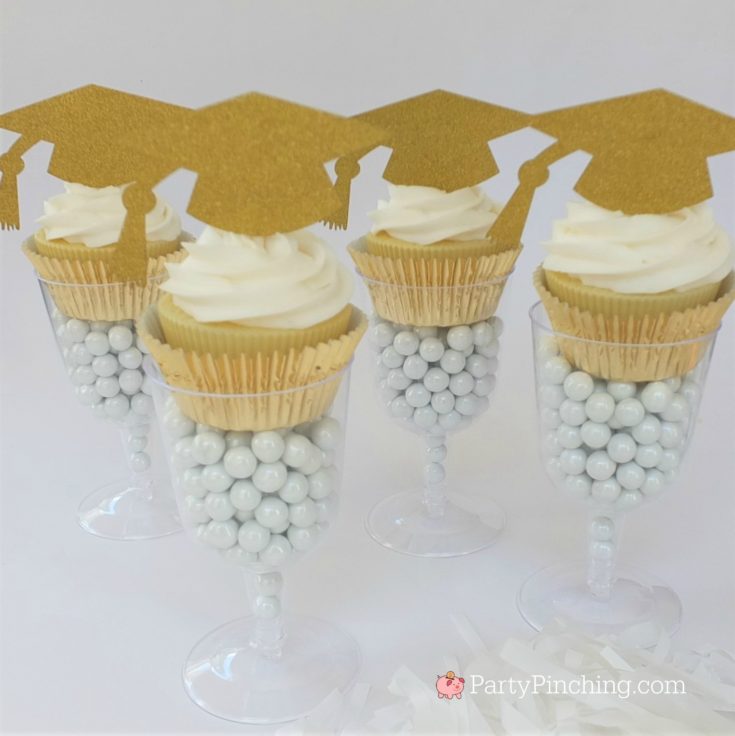 graduation cupcake in wine glass, glitter gold cupcake grad party, best graduation party ideas, easy cheap affordable grad party open house, dollar store graduation ideas, candy in wine champagne glass cupcake favor
