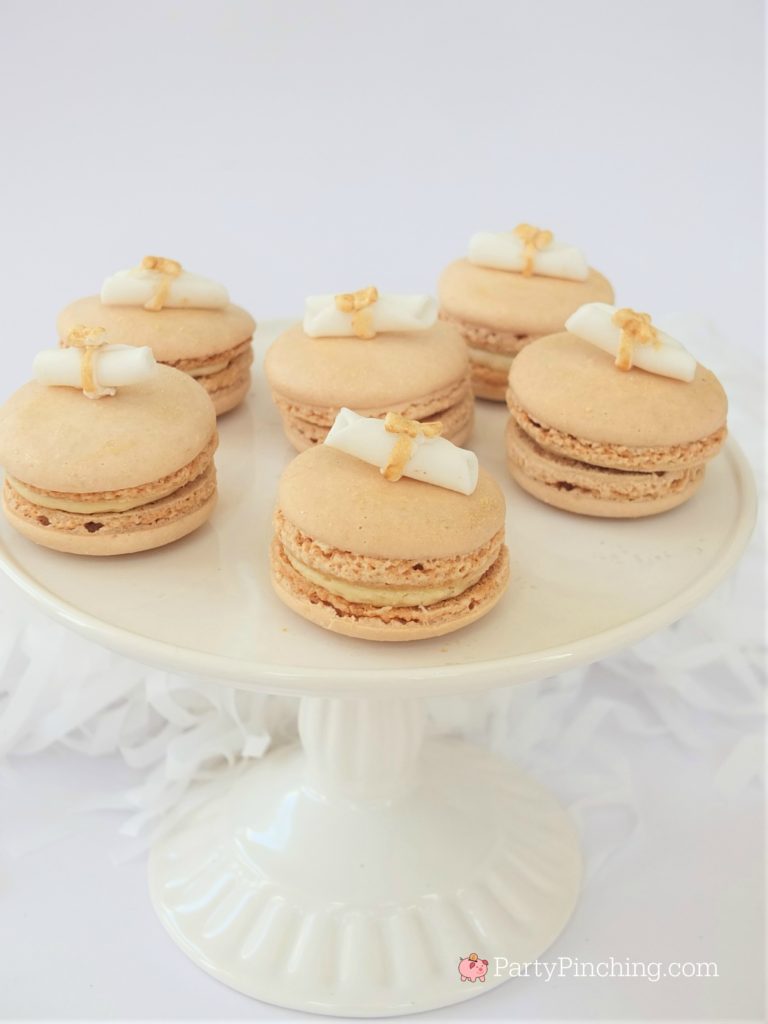 easy Diploma graduation macarons,  DIY Glitter Gold & White Glam Graduation Party, best graduation party ideas for girls daughter, sweet grad party ideas, best graduation open house ideas