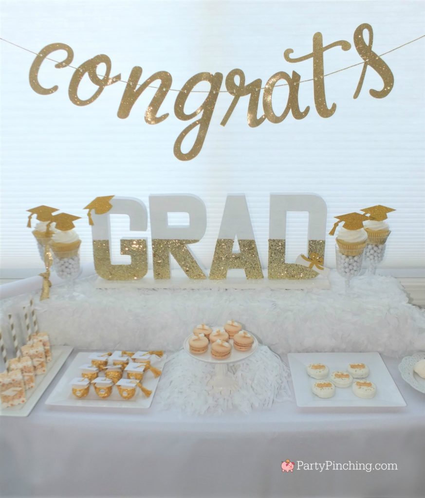  DIY Glitter Gold & White Glam Graduation Party, best graduation party ideas for girls daughter, sweet grad party ideas, best graduation open house ideas