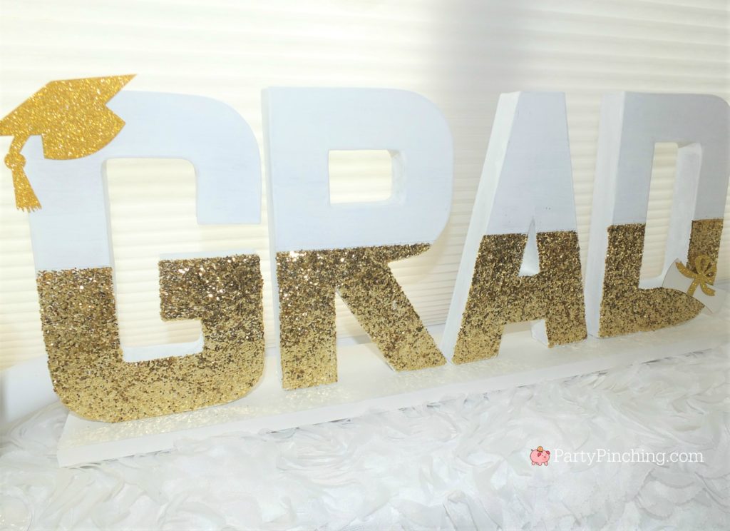 easy DIY Graduation Paper Mache letter centerpiece, DIY Glitter Gold & White Glam Graduation Party, best graduation party ideas for girls daughter, sweet grad party ideas, best graduation open house ideas