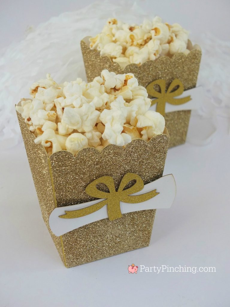 pretty popcorn glitter gold treat boxes with diplomas for graduation open house party ideas