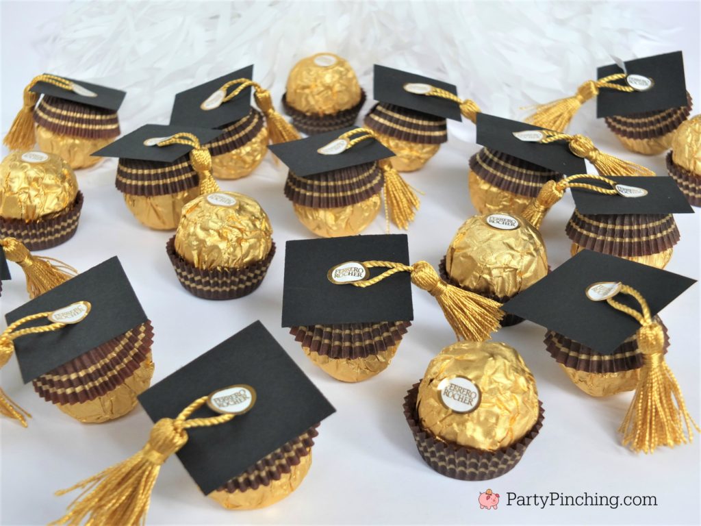 ferrero rocher candy graduation caps, cute candy graduation favors, diy grad favors, best graduation favors dessert treat, best graduation food, best grad party ideas