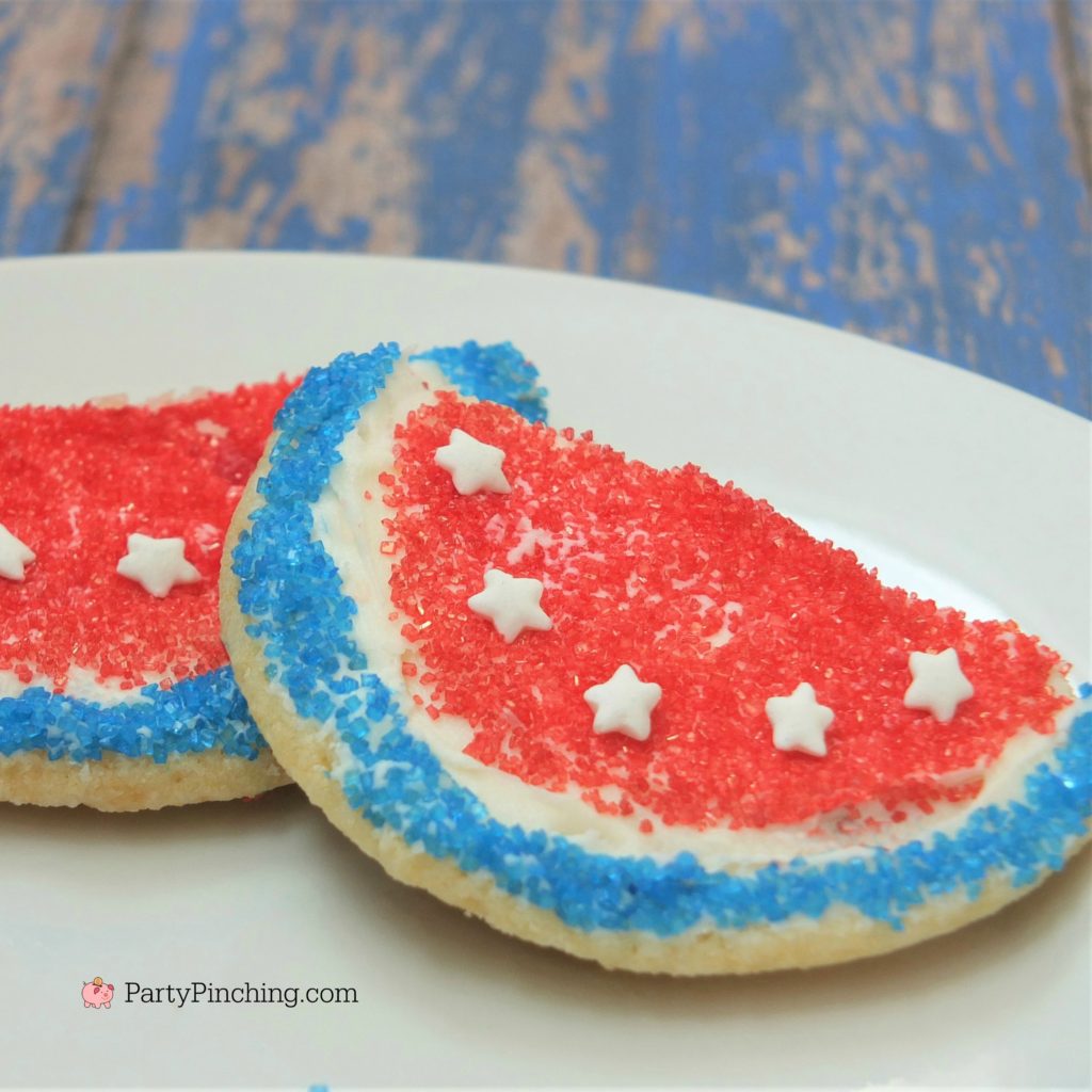 red white and blue watermelon cookies, easy cookies for the 4th of july, best 4th of july memorial day recipes dessert ideas, easy 4th of july memorial day picnic potluck recipe ideas, patriotic cookie recipes
