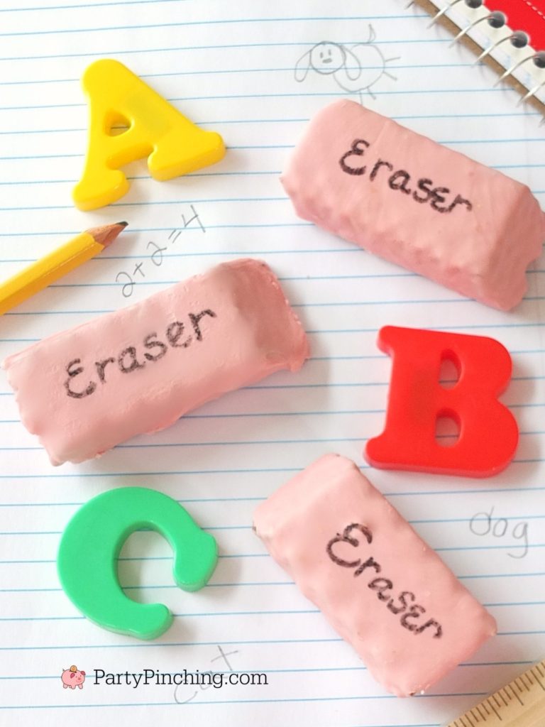 pencil eraser back to school nutty buddy wafer bars, pencil cookies, eraser cookies, Little Debbie Nutty Buddy wafer bars, best back to school lunch snack food recipe ideas for kids, partypinching.com, Party Pinching