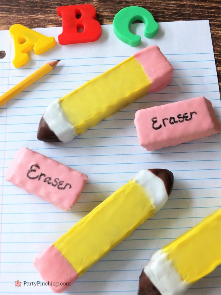 pencil eraser back to school nutty buddy wafer bars, pencil cookies, eraser cookies, Little Debbie Nutty Buddy wafer bars, best back to school lunch snack food recipe ideas for kids, partypinching.com, Party Pinching