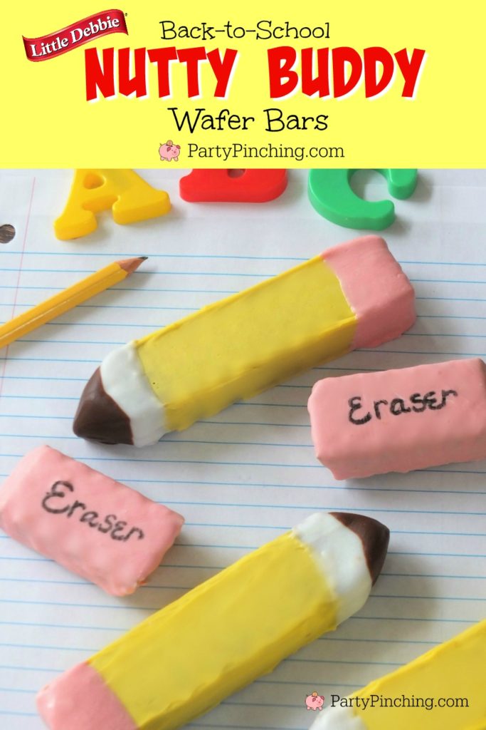 pencil eraser back to school nutty buddy wafer bars, pencil cookies, eraser cookies, Little Debbie Nutty Buddy wafer bars, best back to school lunch snack food recipe ideas for kids, partypinching.com, Party Pinching