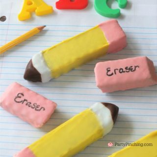 pencil eraser back to school nutty buddy wafer bars, pencil cookies, eraser cookies, Little Debbie Nutty Buddy wafer bars, best back to school lunch snack food recipe ideas for kids, partypinching.com, Party Pinching