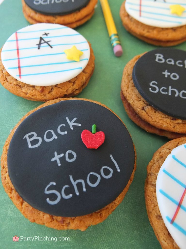 Back to School Little Debbie Oatmeal Creme Pies, chalkboard cookies, notepaper cookies, fun school lunch recipe ideas easy to make snack food ideas for kids