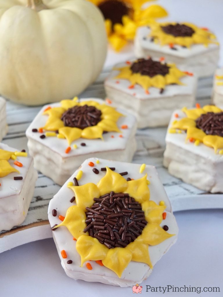 Sunflower Fall Party Cakes, No Bake Little Debbie Snack Cakes, Easy Harvest Party Ideas, Autumn Sunflower Treat, Pretty Sunflower Cakes