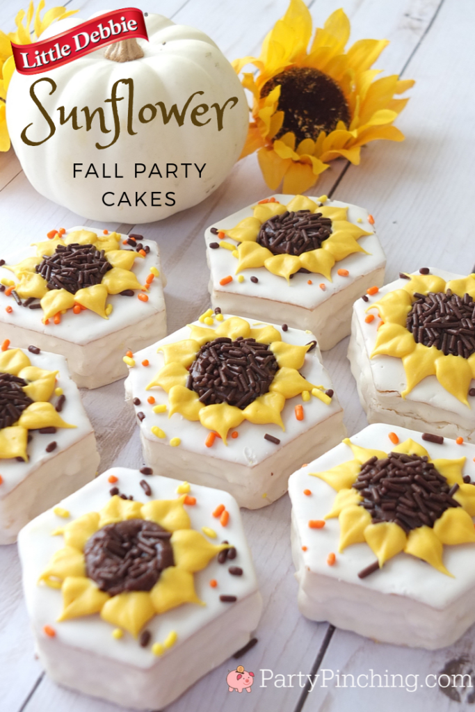 Sunflower Fall Party Cakes, No Bake Little Debbie Snack Cakes, Easy Harvest Party Ideas, Autumn Sunflower Treat, Pretty Sunflower Cakes