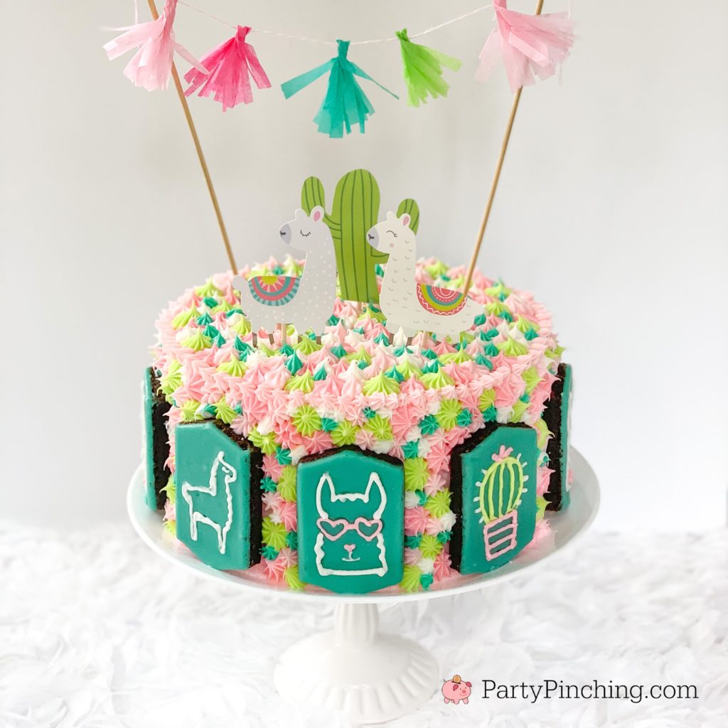 llama cake, best llama cake recipe, cute llama cake, pretty llama cake, teal pink llama cake, best buttercream frosting recipe, little debbie llama brownies, partypinching.com