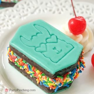 llama ice cream sandwiches, little debbie llama brownies, best ice cream sandwich recipe, best brownie ice cream sandwich recipe, ice cream sandwich with rainbow sprinkles, teal frosting icing, best llama party ideas, party pinching