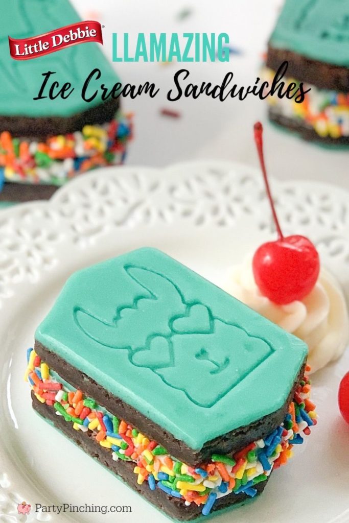 llama ice cream sandwiches, little debbie llama brownies, best ice cream sandwich recipe, best brownie ice cream sandwich recipe, ice cream sandwich with rainbow sprinkles, teal frosting icing, best llama party ideas, party pinching