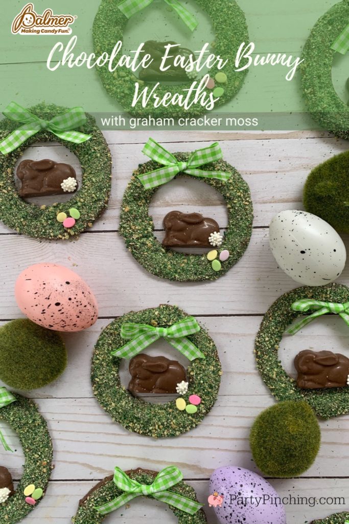 Chocolate Easter Bunny wreaths with graham cracker moss, moss Easter bunny, cute easy Easter dessert ideas, best Easter recipes, easy best Easter recipe ideas, fun Easter chocolate for kids, R.M. Palmer Easter Candy, Party Pinching, partypinching.com