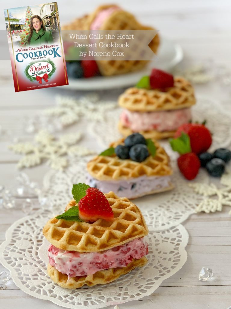 Christmas festival frozen yogurt waffle sandwiches, Heart waffle ice cream sandwiches, When Calls the Heart, Hallmark Channel, WCTH, Hearties, #Hearties, When Calls the Heart Food and Party Ideas, Canadian Recipe Ideas, Best Canadian Desserts, Little House on The Prairie, Party Pinching, Norene Cox Author, Hope Valley, 

