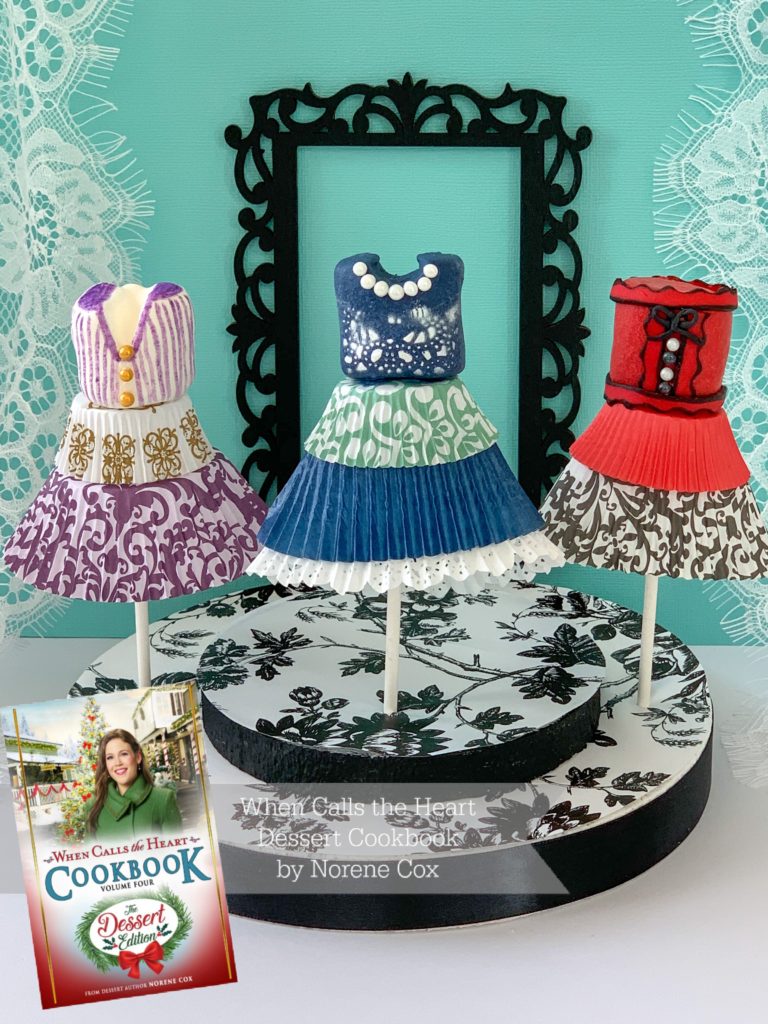 Dottie's Dress shop Marshmallow Pops, When Calls the Heart, Hallmark Channel, WCTH, Hearties, #Hearties, When Calls the Heart Food and Party Ideas, Canadian Recipe Ideas, Best Canadian Desserts, Little House on The Prairie, Party Pinching, Norene Cox Author, Hope Valley, dress marshmallow pops
