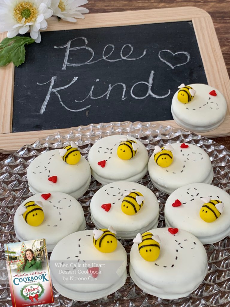 Kindness Week Cookies, When Calls the Heart, Hallmark Channel, WCTH, Hearties, #Hearties, When Calls the Heart Food and Party Ideas, Canadian Recipe Ideas, Best Canadian Desserts, Little House on The Prairie, Party Pinching, Norene Cox Author, Hope Valley, bee oreo cookies, MacKinnes Farm Langley
